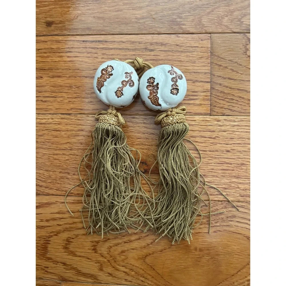 Vintage Ceramic Floral Tassels Curtain Tiebacks Olive Gold Fringe Set of 2
